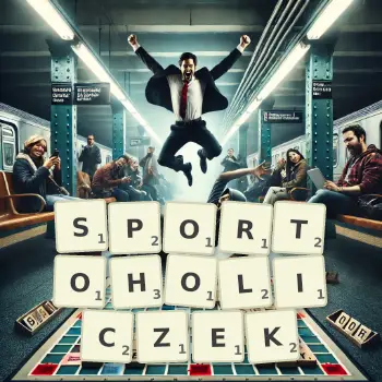 Kreatywna ilustracja do gry w Scrabble ze słowem SPORTOHOLICZEK ułożonym z płytek na planszy.