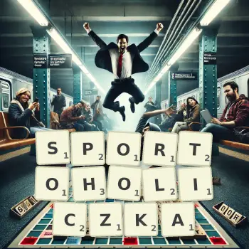Kreatywna ilustracja do gry w Scrabble ze słowem SPORTOHOLICZKA ułożonym z płytek na planszy.