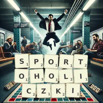 Kreatywna ilustracja do gry w Scrabble ze słowem SPORTOHOLICZKI ułożonym z płytek na planszy.