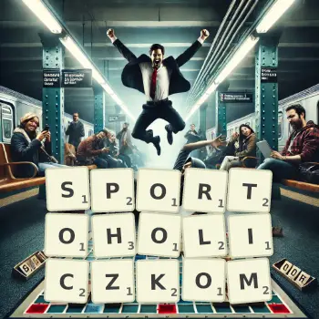 Kreatywna ilustracja do gry w Scrabble ze słowem SPORTOHOLICZKOM ułożonym z płytek na planszy.