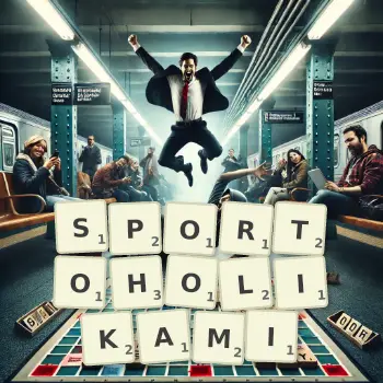 Kreatywna ilustracja do gry w Scrabble ze słowem SPORTOHOLIKAMI ułożonym z płytek na planszy.