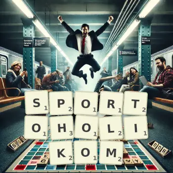 Kreatywna ilustracja do gry w Scrabble ze słowem SPORTOHOLIKOM ułożonym z płytek na planszy.