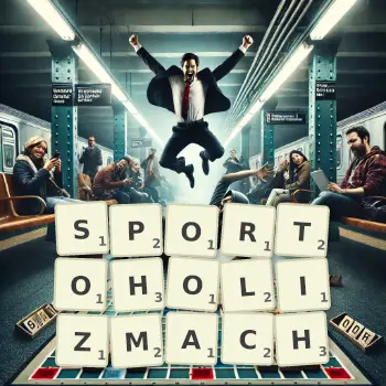 Kreatywna ilustracja do gry w Scrabble ze słowem SPORTOHOLIZMACH ułożonym z płytek na planszy.