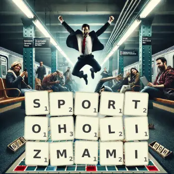 Kreatywna ilustracja do gry w Scrabble ze słowem SPORTOHOLIZMAMI ułożonym z płytek na planszy.