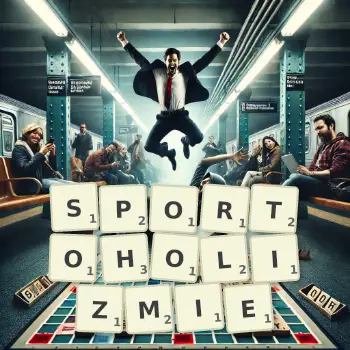 Kreatywna ilustracja do gry w Scrabble ze słowem SPORTOHOLIZMIE ułożonym z płytek na planszy.