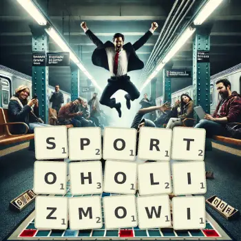 Kreatywna ilustracja do gry w Scrabble ze słowem SPORTOHOLIZMOWI ułożonym z płytek na planszy.