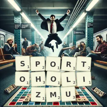 Kreatywna ilustracja do gry w Scrabble ze słowem SPORTOHOLIZMU ułożonym z płytek na planszy.