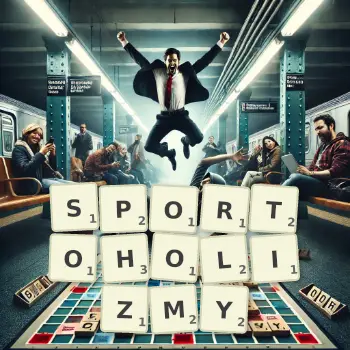 Kreatywna ilustracja do gry w Scrabble ze słowem SPORTOHOLIZMY ułożonym z płytek na planszy.
