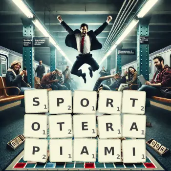 Kreatywna ilustracja do gry w Scrabble ze słowem SPORTOTERAPIAMI ułożonym z płytek na planszy.