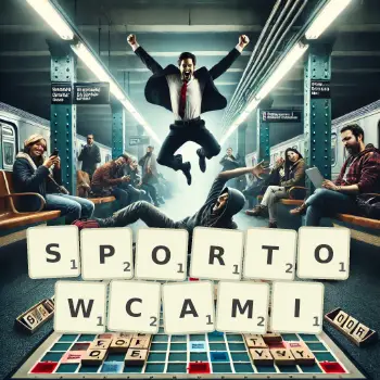 Kreatywna ilustracja do gry w Scrabble ze słowem SPORTOWCAMI ułożonym z płytek na planszy.