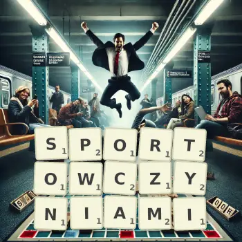 Kreatywna ilustracja do gry w Scrabble ze słowem SPORTOWCZYNIAMI ułożonym z płytek na planszy.