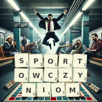 Kreatywna ilustracja do gry w Scrabble ze słowem SPORTOWCZYNIOM ułożonym z płytek na planszy.