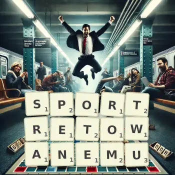 Kreatywna ilustracja do gry w Scrabble ze słowem SPORTRETOWANEMU ułożonym z płytek na planszy.