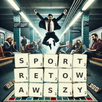 Kreatywna ilustracja do gry w Scrabble ze słowem SPORTRETOWAWSZY ułożonym z płytek na planszy.