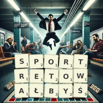 Kreatywna ilustracja do gry w Scrabble ze słowem SPORTRETOWAŁBYŚ ułożonym z płytek na planszy.