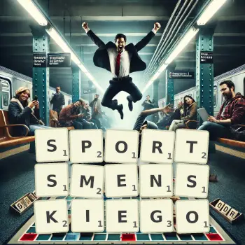 Kreatywna ilustracja do gry w Scrabble ze słowem SPORTSMENSKIEGO ułożonym z płytek na planszy.