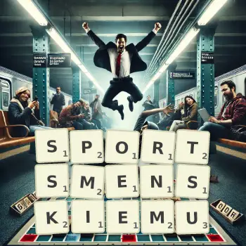 Kreatywna ilustracja do gry w Scrabble ze słowem SPORTSMENSKIEMU ułożonym z płytek na planszy.