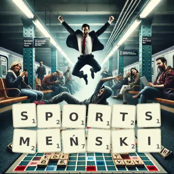 Kreatywna ilustracja do gry w Scrabble ze słowem SPORTSMEŃSKI ułożonym z płytek na planszy.