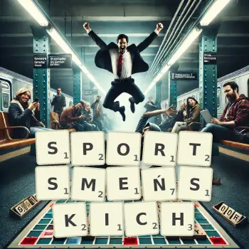 Kreatywna ilustracja do gry w Scrabble ze słowem SPORTSMEŃSKICH ułożonym z płytek na planszy.