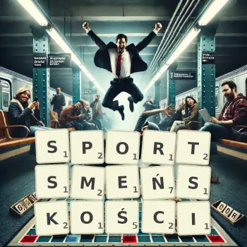 Kreatywna ilustracja do gry w Scrabble ze słowem SPORTSMEŃSKOŚCI ułożonym z płytek na planszy.