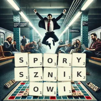 Kreatywna ilustracja do gry w Scrabble ze słowem SPORYSZNIKOWI ułożonym z płytek na planszy.
