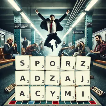 Kreatywna ilustracja do gry w Scrabble ze słowem SPORZADZAJACYMI ułożonym z płytek na planszy.