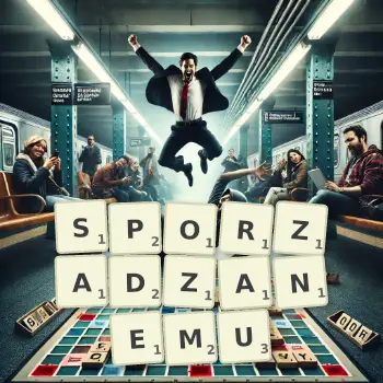 Kreatywna ilustracja do gry w Scrabble ze słowem SPORZADZANEMU ułożonym z płytek na planszy.