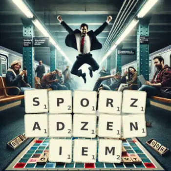 Kreatywna ilustracja do gry w Scrabble ze słowem SPORZADZENIEM ułożonym z płytek na planszy.