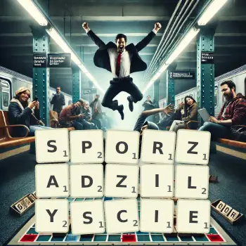 Kreatywna ilustracja do gry w Scrabble ze słowem SPORZADZILYSCIE ułożonym z płytek na planszy.