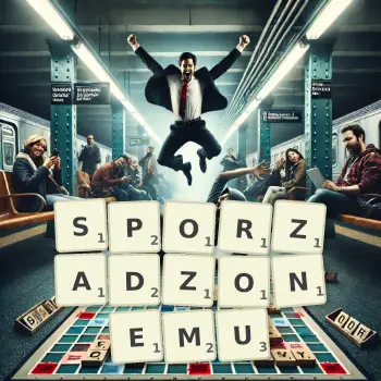 Kreatywna ilustracja do gry w Scrabble ze słowem SPORZADZONEMU ułożonym z płytek na planszy.