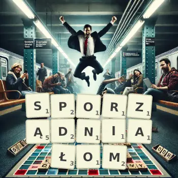 Kreatywna ilustracja do gry w Scrabble ze słowem SPORZĄDNIAŁOM ułożonym z płytek na planszy.
