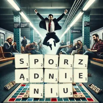 Kreatywna ilustracja do gry w Scrabble ze słowem SPORZĄDNIENIU ułożonym z płytek na planszy.