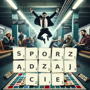 Kreatywna ilustracja do gry w Scrabble ze słowem SPORZĄDZAJCIE ułożonym z płytek na planszy.