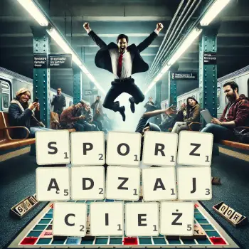 Kreatywna ilustracja do gry w Scrabble ze słowem SPORZĄDZAJCIEŻ ułożonym z płytek na planszy.