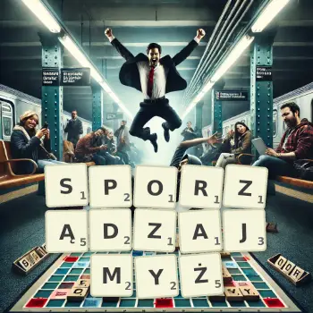 Kreatywna ilustracja do gry w Scrabble ze słowem SPORZĄDZAJMYŻ ułożonym z płytek na planszy.