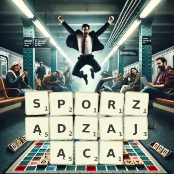 Kreatywna ilustracja do gry w Scrabble ze słowem SPORZĄDZAJĄCA ułożonym z płytek na planszy.