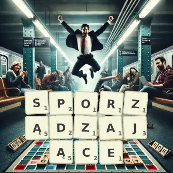 Kreatywna ilustracja do gry w Scrabble ze słowem SPORZĄDZAJĄCE ułożonym z płytek na planszy.