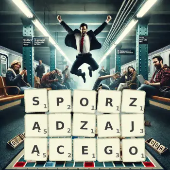 Kreatywna ilustracja do gry w Scrabble ze słowem SPORZĄDZAJĄCEGO ułożonym z płytek na planszy.