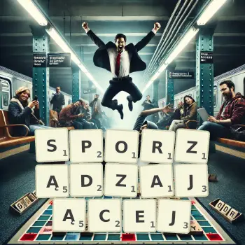 Kreatywna ilustracja do gry w Scrabble ze słowem SPORZĄDZAJĄCEJ ułożonym z płytek na planszy.