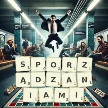 Kreatywna ilustracja do gry w Scrabble ze słowem SPORZĄDZANIAMI ułożonym z płytek na planszy.