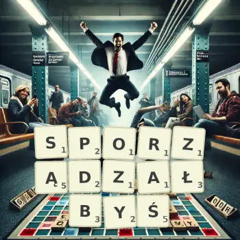 Kreatywna ilustracja do gry w Scrabble ze słowem SPORZĄDZAŁBYŚ ułożonym z płytek na planszy.