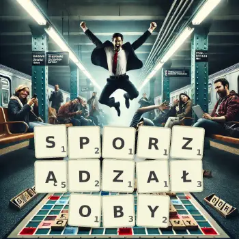 Kreatywna ilustracja do gry w Scrabble ze słowem SPORZĄDZAŁOBY ułożonym z płytek na planszy.