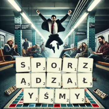Kreatywna ilustracja do gry w Scrabble ze słowem SPORZĄDZAŁYŚMY ułożonym z płytek na planszy.