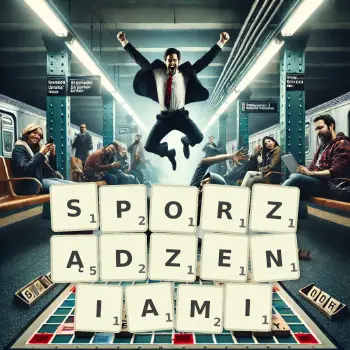 Kreatywna ilustracja do gry w Scrabble ze słowem SPORZĄDZENIAMI ułożonym z płytek na planszy.