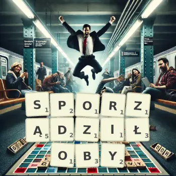Kreatywna ilustracja do gry w Scrabble ze słowem SPORZĄDZIŁOBY ułożonym z płytek na planszy.