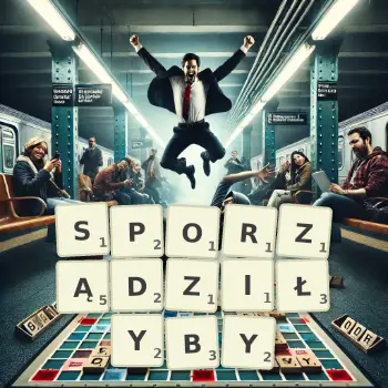 Kreatywna ilustracja do gry w Scrabble ze słowem SPORZĄDZIŁYBY ułożonym z płytek na planszy.
