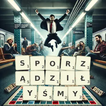 Kreatywna ilustracja do gry w Scrabble ze słowem SPORZĄDZIŁYŚMY ułożonym z płytek na planszy.