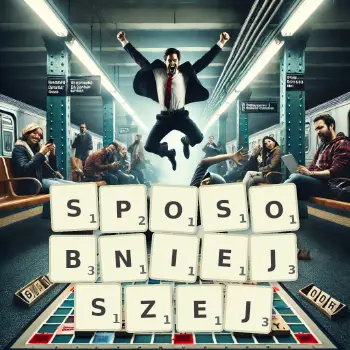 Kreatywna ilustracja do gry w Scrabble ze słowem SPOSOBNIEJSZEJ ułożonym z płytek na planszy.