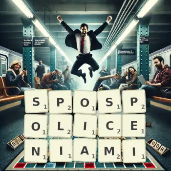 Kreatywna ilustracja do gry w Scrabble ze słowem SPOSPOLICENIAMI ułożonym z płytek na planszy.