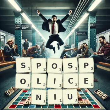 Kreatywna ilustracja do gry w Scrabble ze słowem SPOSPOLICENIU ułożonym z płytek na planszy.